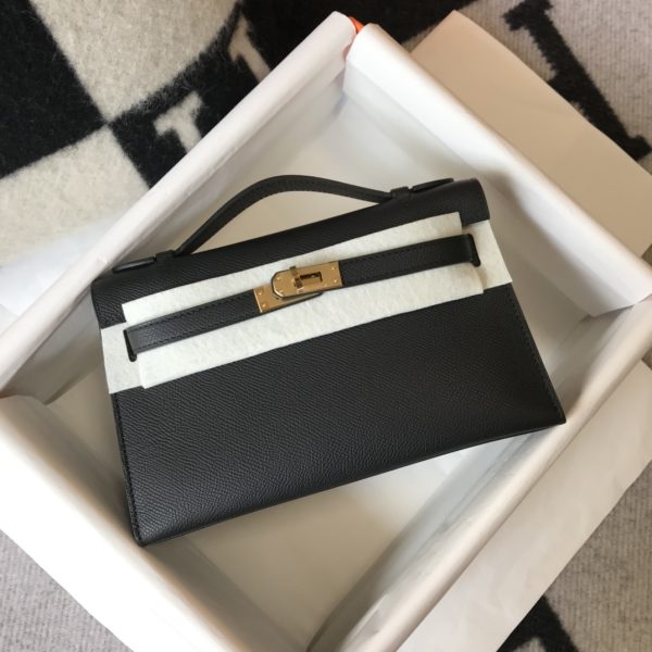 HERMES MINI KELLY POCHETTE GOLD TONED HARDWARE BLACK 22CM