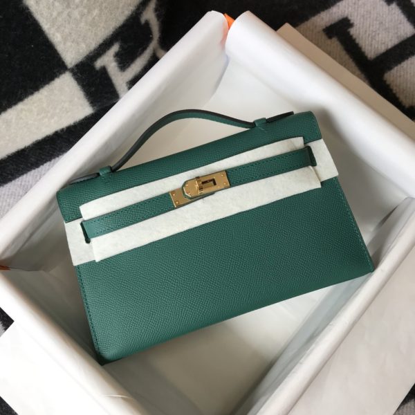 HERMES MINI KELLY POCHETTE GOLD TONED HARDWARE DARK GREEN 22CM