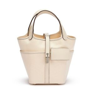 HERMES PICOTIN CARGO DESERT TOILE CANVAS WITH PALLADIUM HARDWARE WHITE 18CM