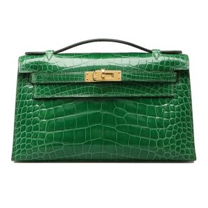 HERMES MINI KELLY POCHETTE CROCODILE GOLD TONED HARDWARE GREEN 22CM