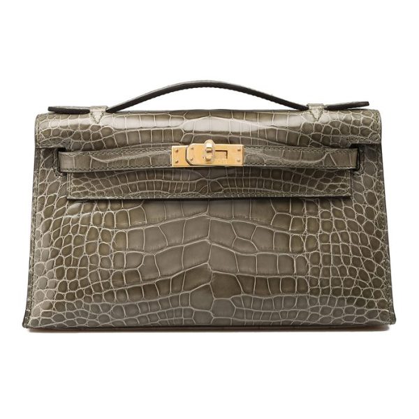 HERMES MINI KELLY POCHETTE CROCODILE GOLD TONED HARDWARE GREY 22CM