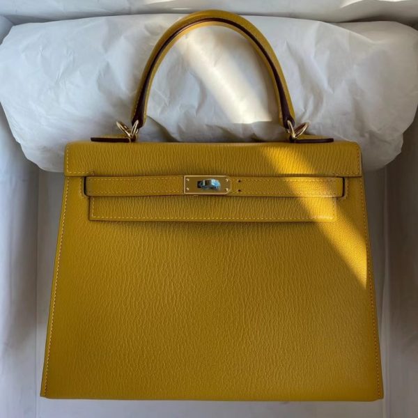 HERMES KELLY 25CM CHEVRE 9D AMBER YELLOW GOLD HARDWARE